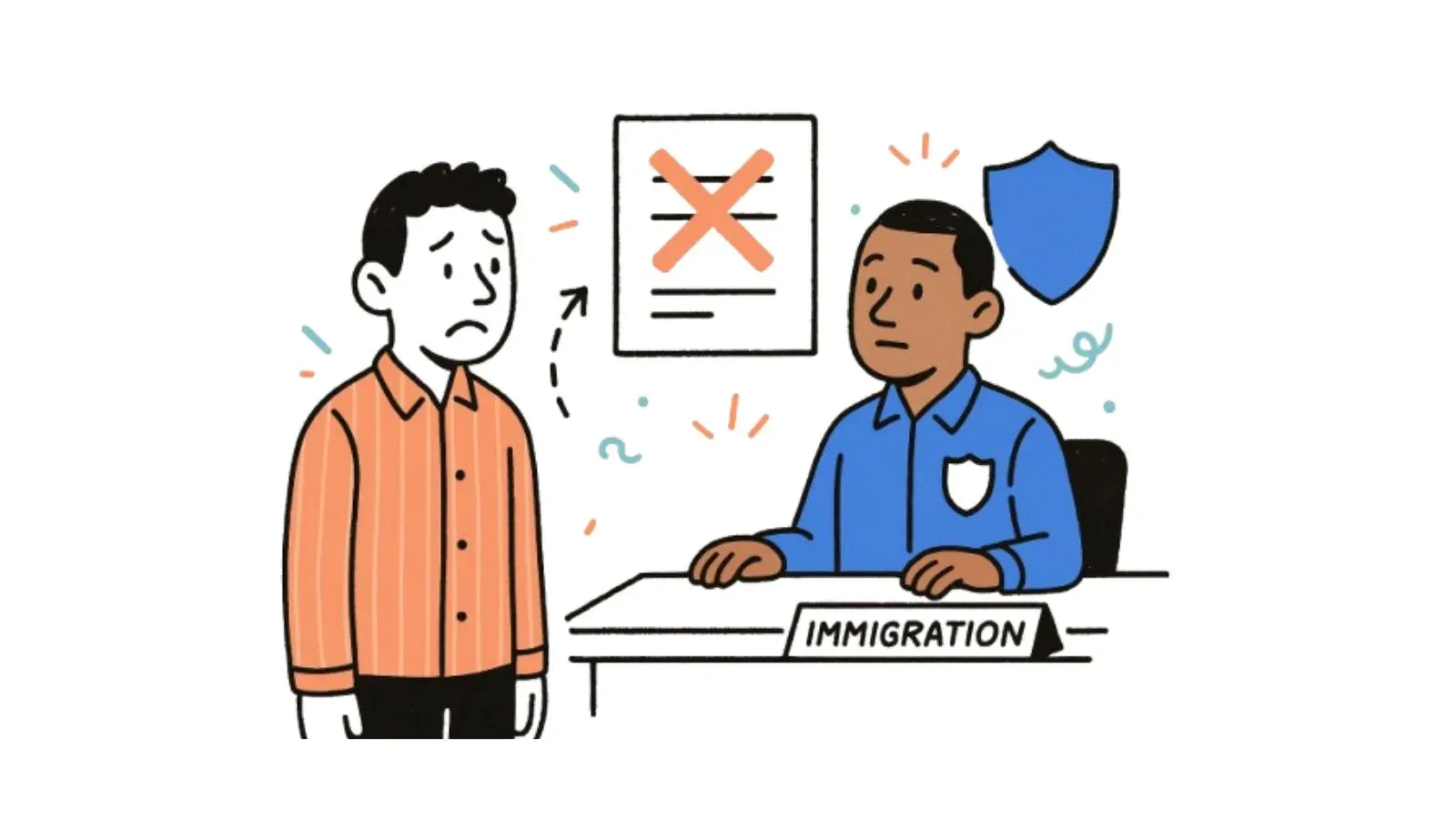 Worried traveller at an immigration desk as an officer rejects a document