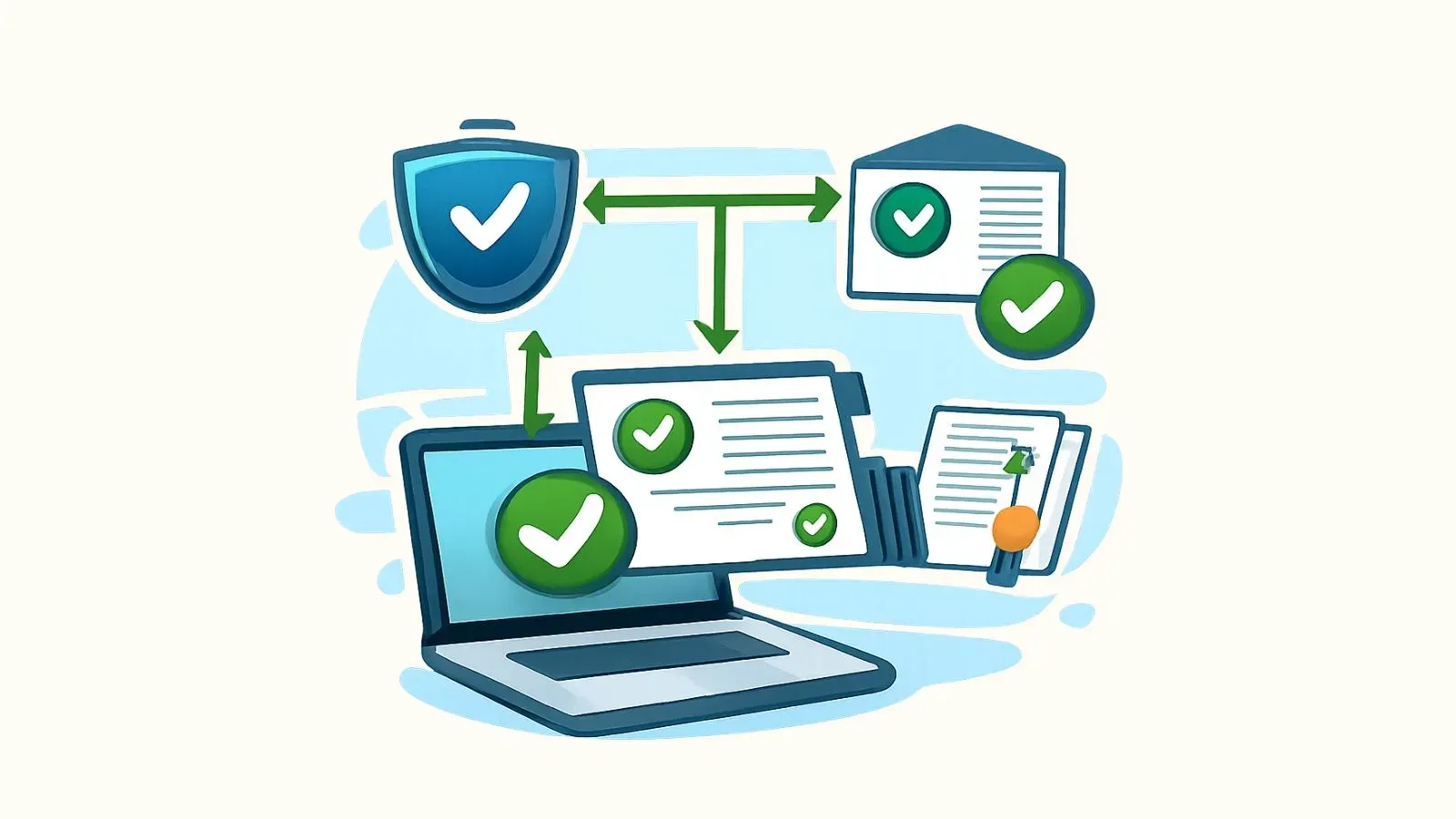 Laptop, documents and a shield linked by arrows, each marked with green verification checks