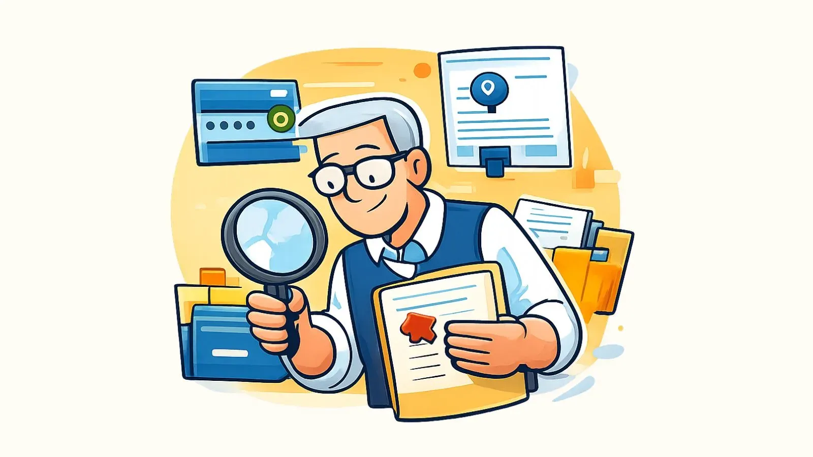 Older man checking a paper certificate with a magnifying glass among folders of records