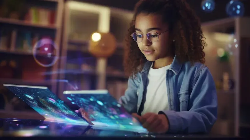 Girl in glasses using a glowing digital tablet