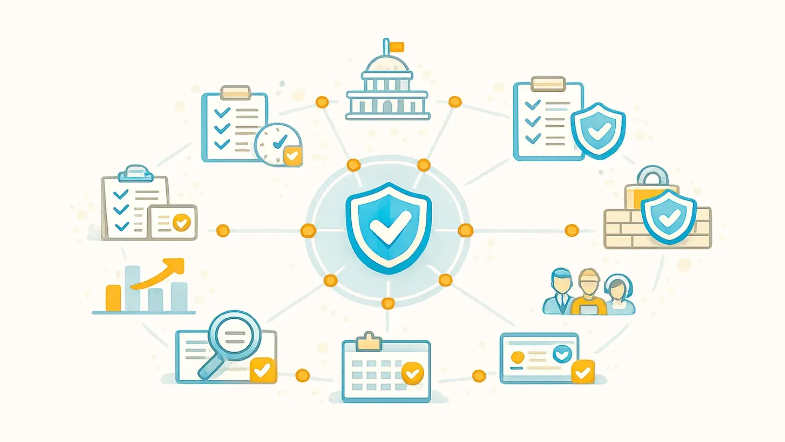 Shield with a check mark linked to checklists, calendar, records and team icons