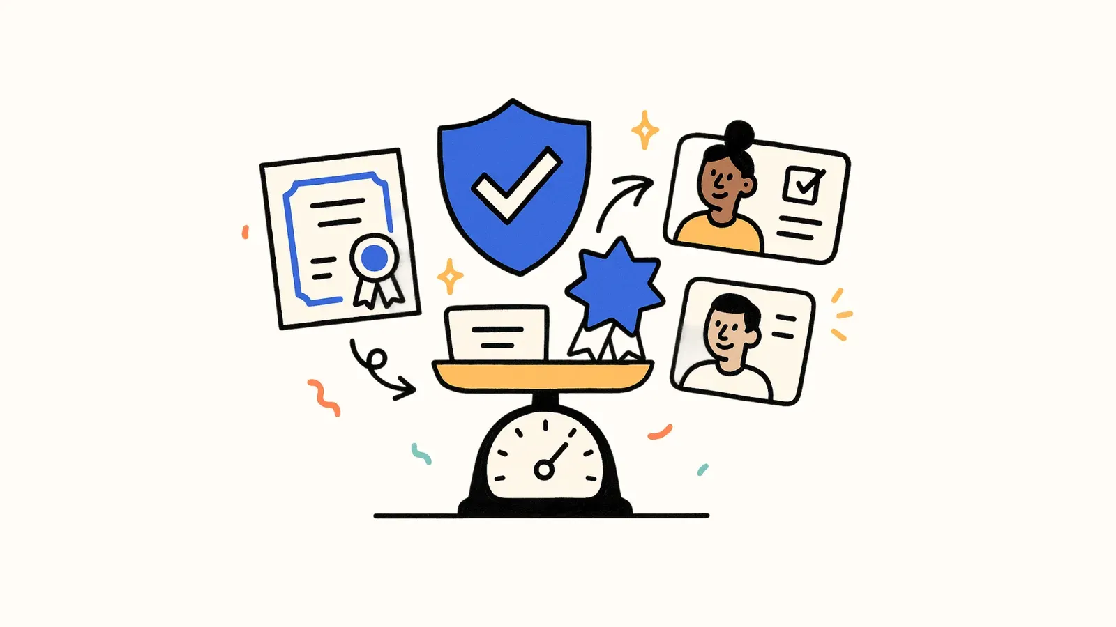 Illustration of a certificate and badge weighed on a scale beside verified learner profiles