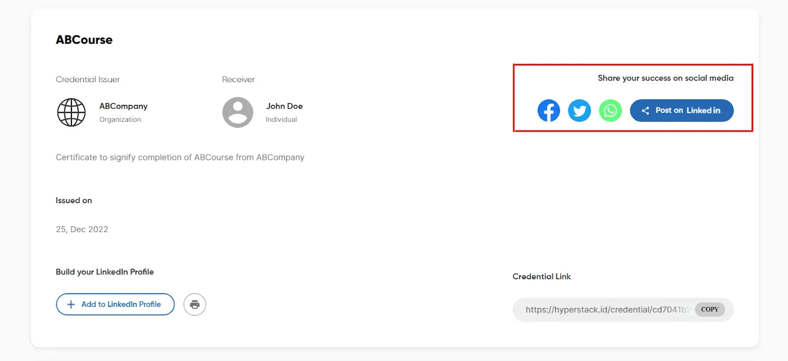 Hyperstack credential page highlighting the social share and Post on LinkedIn buttons