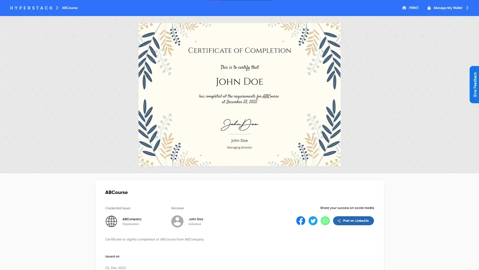 Hyperstack credential page with a certificate of completion and sharing options