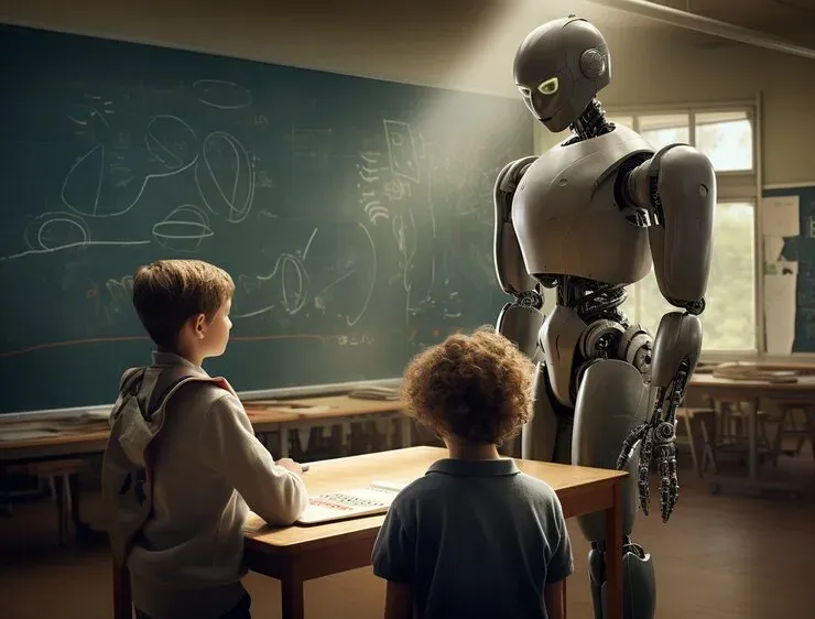 Humanoid robot teaching two children in front of a chalkboard
