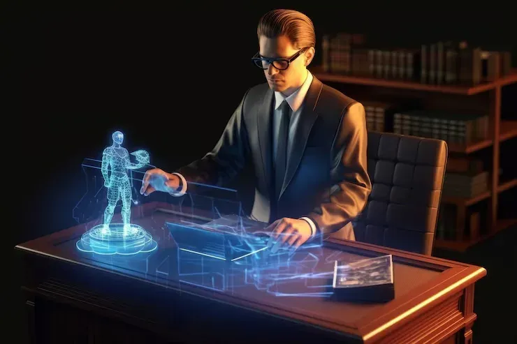 Man at a desk working with a holographic human figure and digital interface