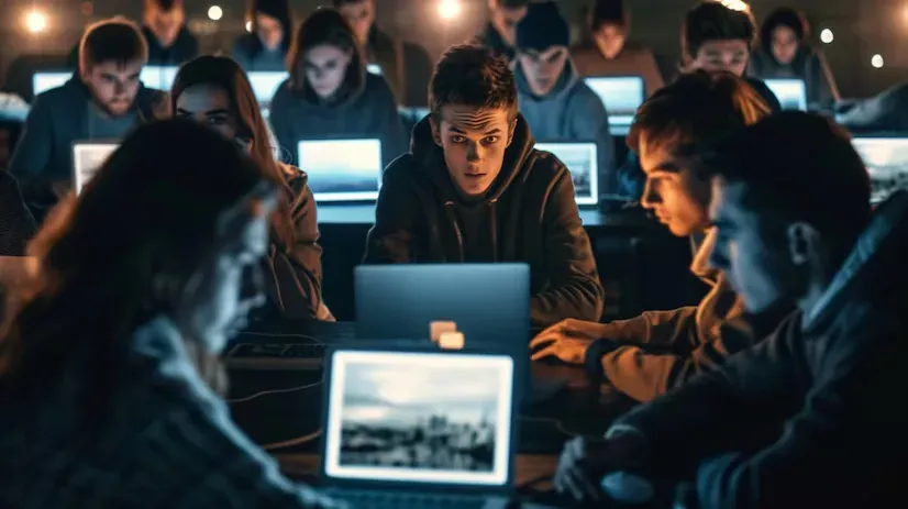 Students working on laptops in a dimly lit room