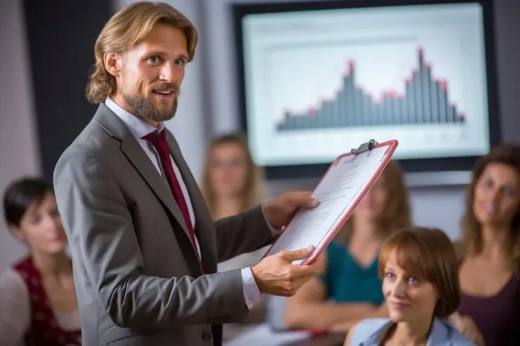 Teacher holding a clipboard before a class, with a chart on screen behind
