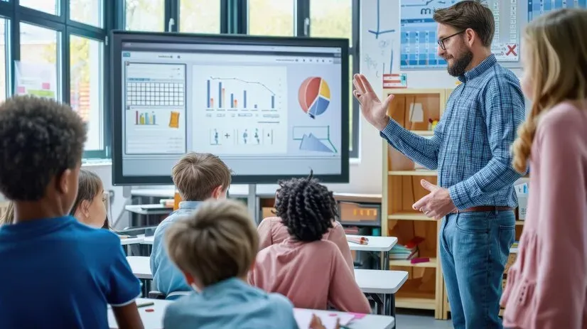 Teacher showing student performance charts on a classroom display to young pupils