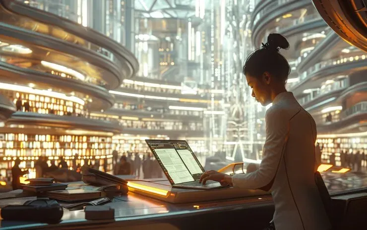 Woman using a laptop in a futuristic library