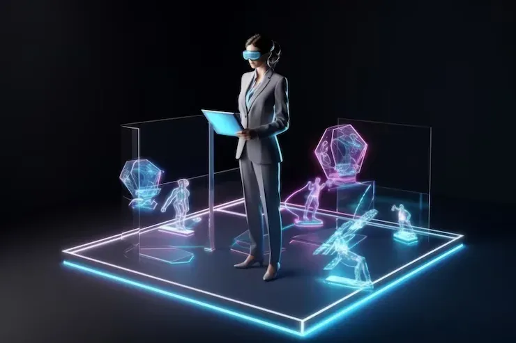 Woman wearing a VR headset holding a tablet amid holographic figures