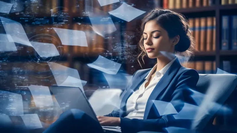 Woman working on a laptop while digital documents float around her