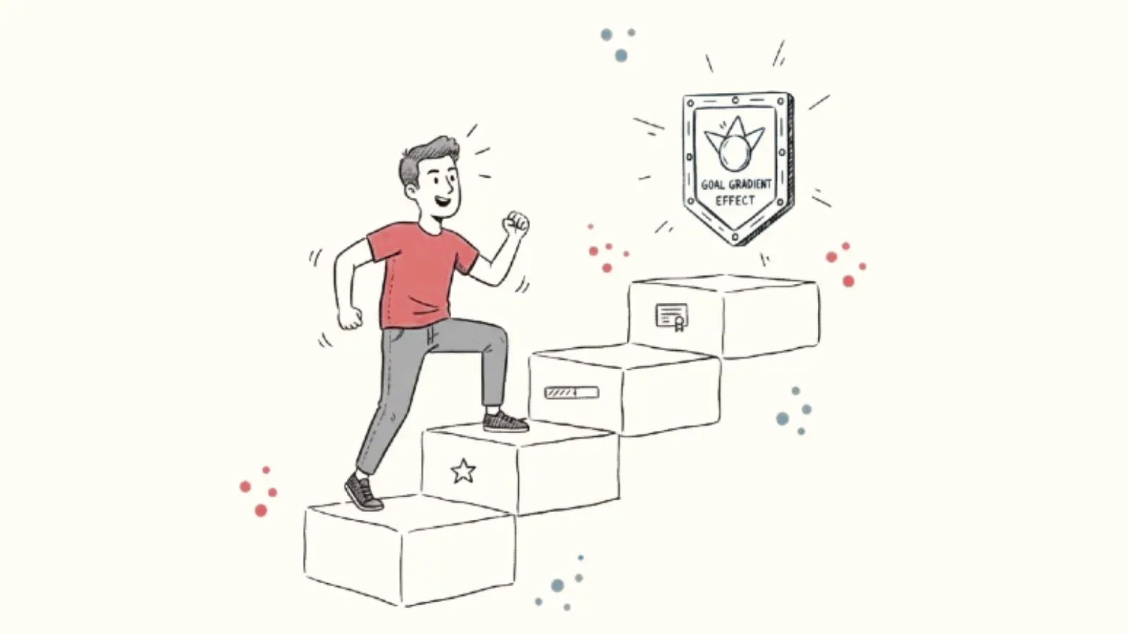 Sketch of a person climbing steps toward a Goal Gradient Effect badge