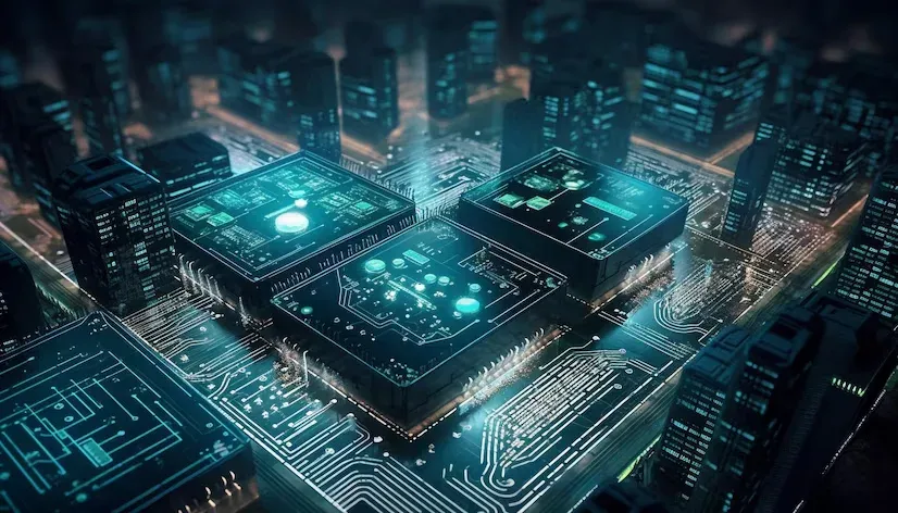 Circuit board chips rising like buildings in a futuristic city