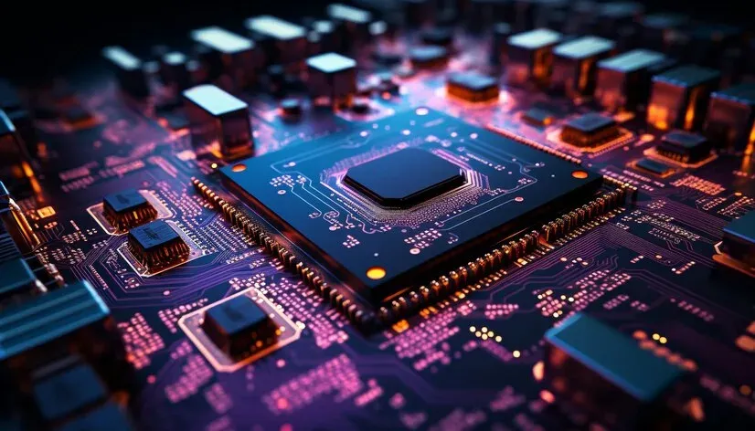 Close-up of a processor chip on a circuit board lit in purple