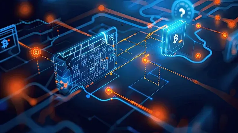Digital circuit panels and Bitcoin icons linked by glowing paths, for cybersecurity