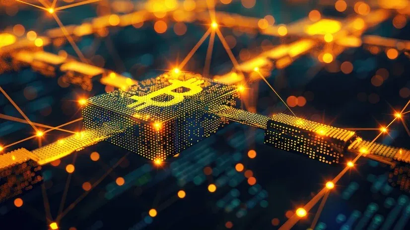 Glowing Bitcoin block linked in a digital network, for financial services