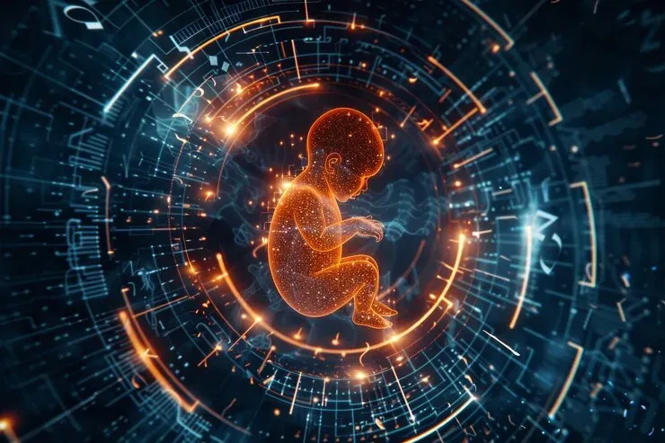 Glowing digital image of a fetus inside circular data rings, for healthcare