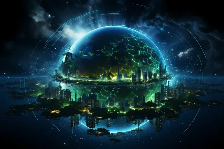 Glowing globe with a city skyline and green hexagon grid, for climate modelling