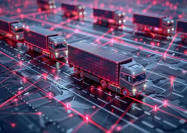 Lorries on a map linked by red network lines, for supply chain routing