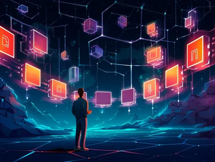 Person standing below a network of glowing connected data blocks