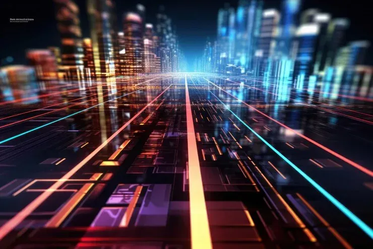 Abstract digital road of colored light streaks between blurred city towers