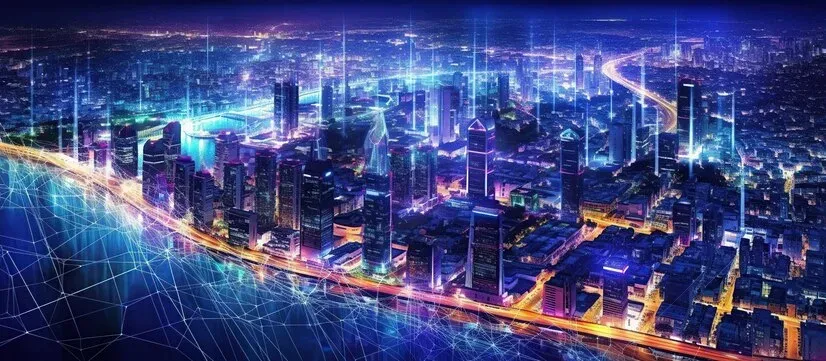 Aerial view of a lit-up city at night with a network grid overlay