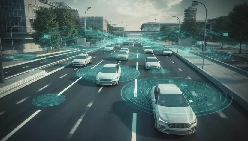 Connected self-driving cars on a city highway with sensor signal rings
