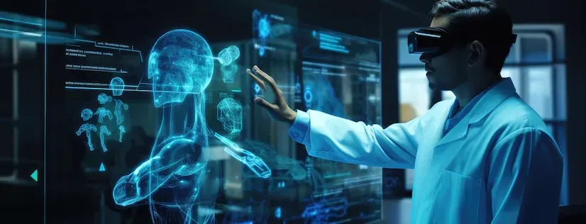 Doctor in a VR headset interacting with a holographic human body display