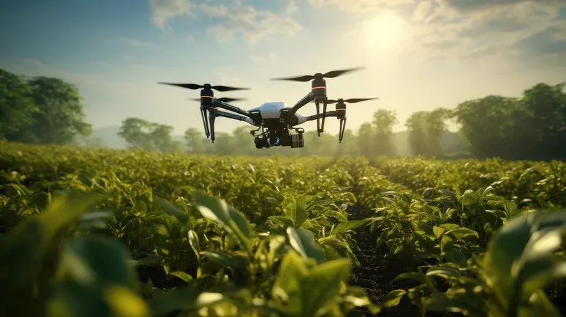 Drone flying low over rows of green crops in a farm field