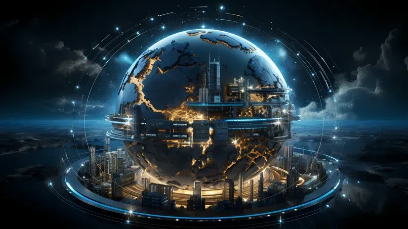 Futuristic globe covered in city buildings, ringed by glowing orbital lines