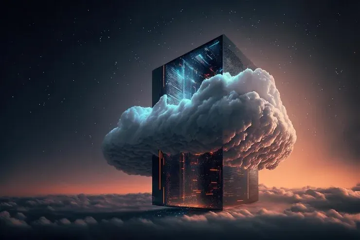 Glowing server tower rising through a cloud under a starry sky