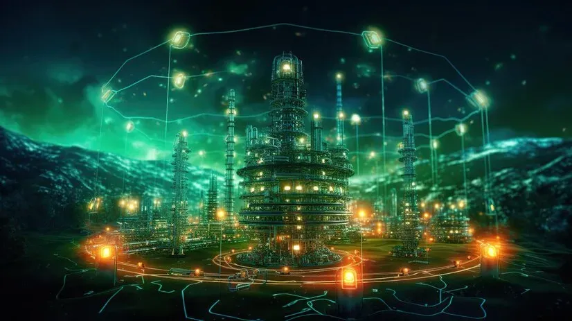 Industrial towers linked by glowing network lines under a green night sky
