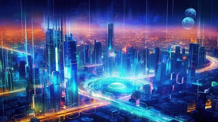 Neon-lit futuristic city with glowing skyscrapers and light trails