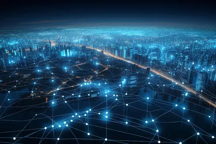 Night city skyline overlaid with a glowing network of connected nodes