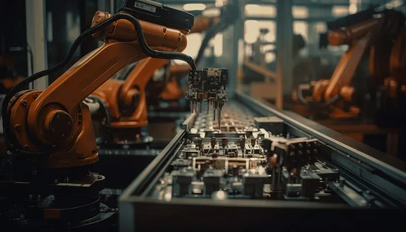 Orange robotic arms assembling electronics on a factory production line