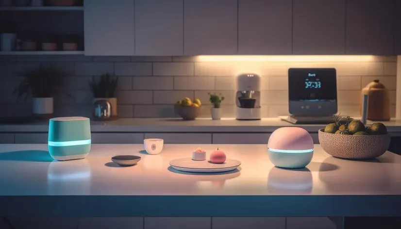 Smart home devices and speakers glowing on a kitchen counter at night