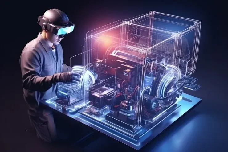 Technician in AR glasses working on a holographic machine model