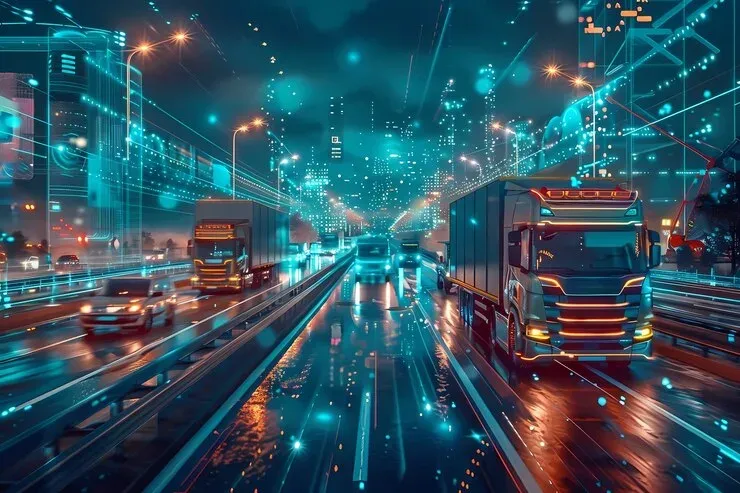 Trucks and cars on a neon-lit smart highway at night