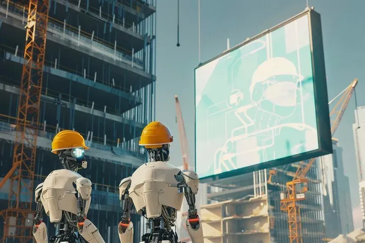 Two humanoid robots in hard hats at a construction site beside a large screen