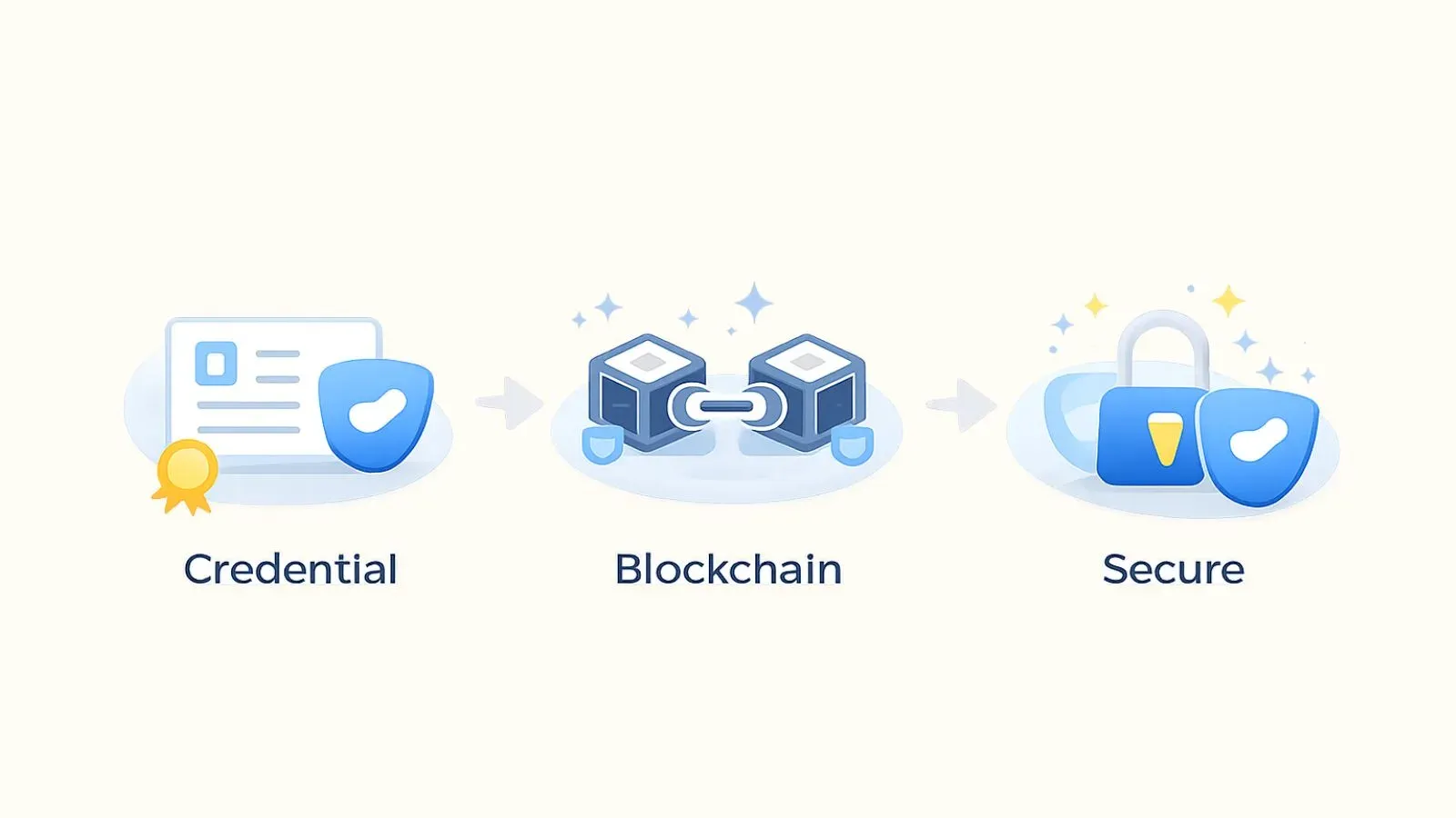 Three-step graphic: credential, blockchain, secure
