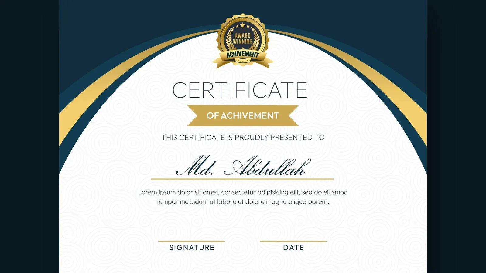 Certificate of achievement template with a gold award seal and signature lines