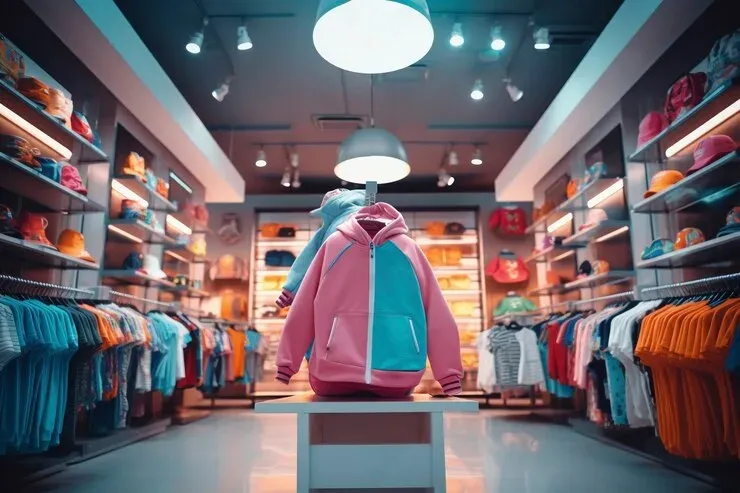 Clothing store with a pink and blue jacket on display