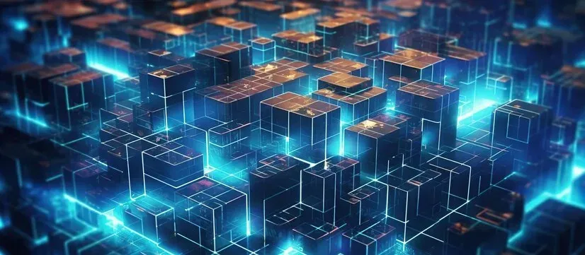 Glowing blue blocks forming an abstract blockchain grid