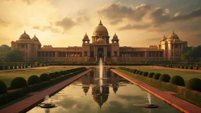 Grand domed government building with gardens and fountains