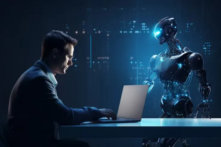 Man working on a laptop facing a humanoid robot