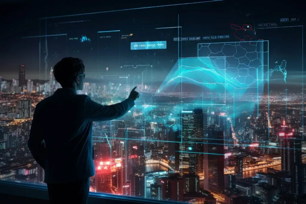Person touching a holographic data screen in front of a city at night