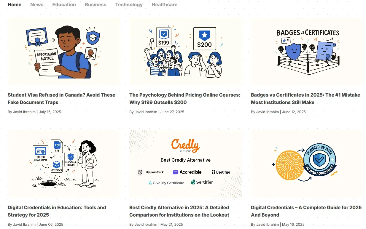 Hyperstack blog page showing a grid of recent post cards with illustrated covers