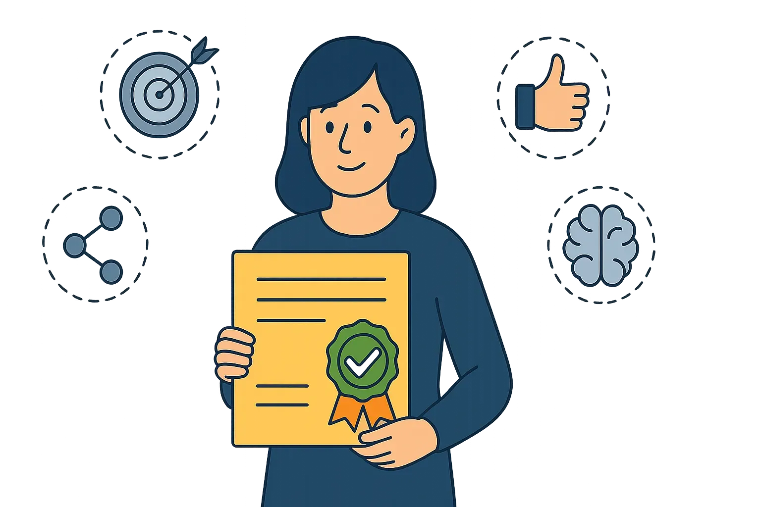 Woman holding a verified certificate, surrounded by target, share, like and brain icons