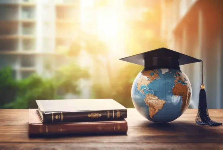 Graduation cap on a globe beside a stack of books